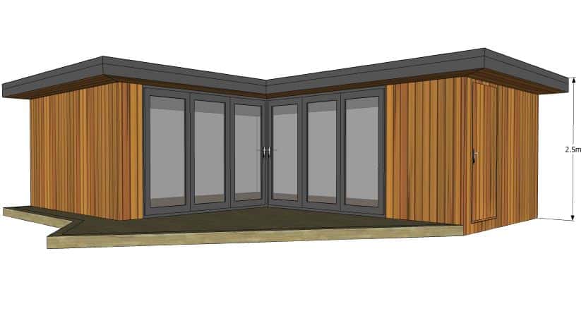 Artists drawings of L-shaped garden room in Leatherhead